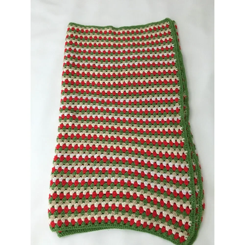 Handmade Crochet Christmas Afghan Blanket Red Green Cream Long Throw 41